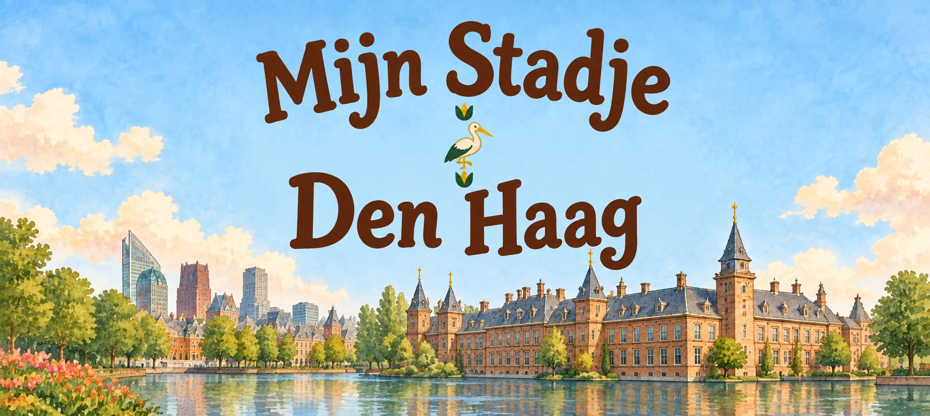 Geïllustreerde titelbanner van Mijn Stadje Den Haag